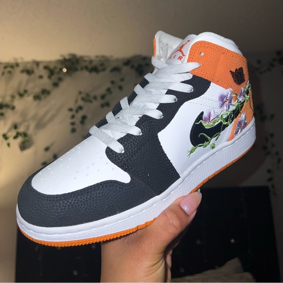 Orange, Black, and White Jordan 1 with Floral Embroidery. - Picture 3 of 7